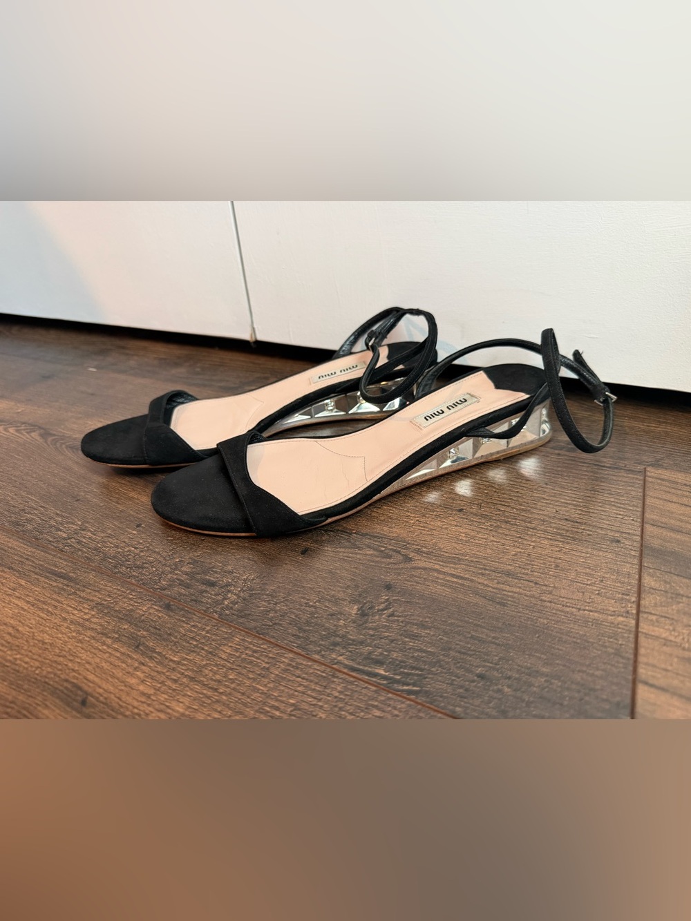 Miu Miu Women’s Black Suede Jeweled Heel Sandals Size 38.5EU